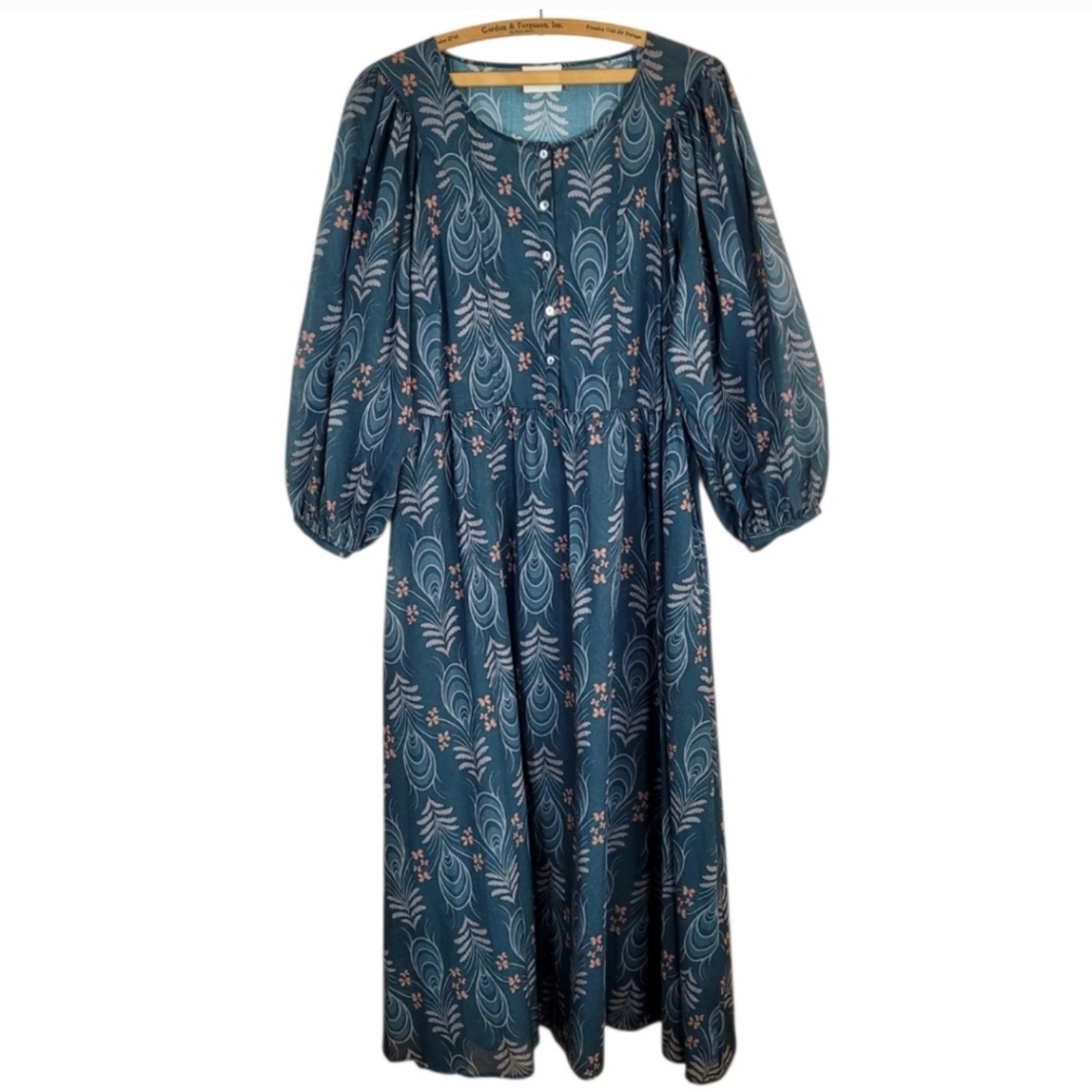WRAP LONDON Puff Sleeve Feathers & Floral Printed Cotton Midi Dress Sz 14 - Picture 2 of 12